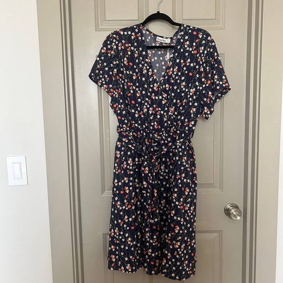 Blue Floral Printed Calf Length Dress